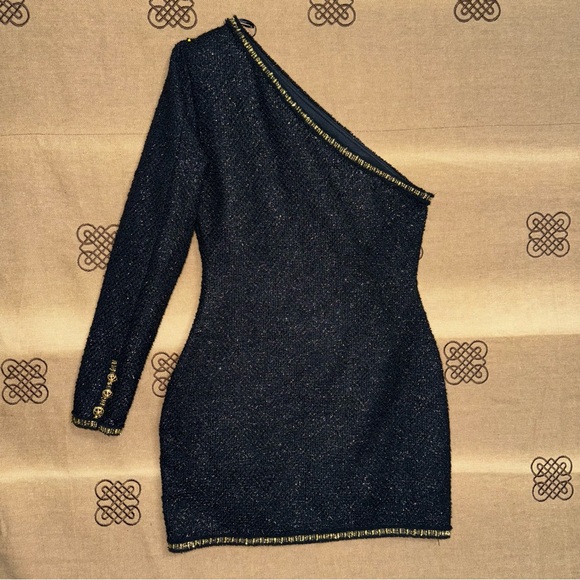 Zara NWT! Black/Gold Asymmetric Textured Shoulder Pad Mini Dress Size S - Picture 10 of 15